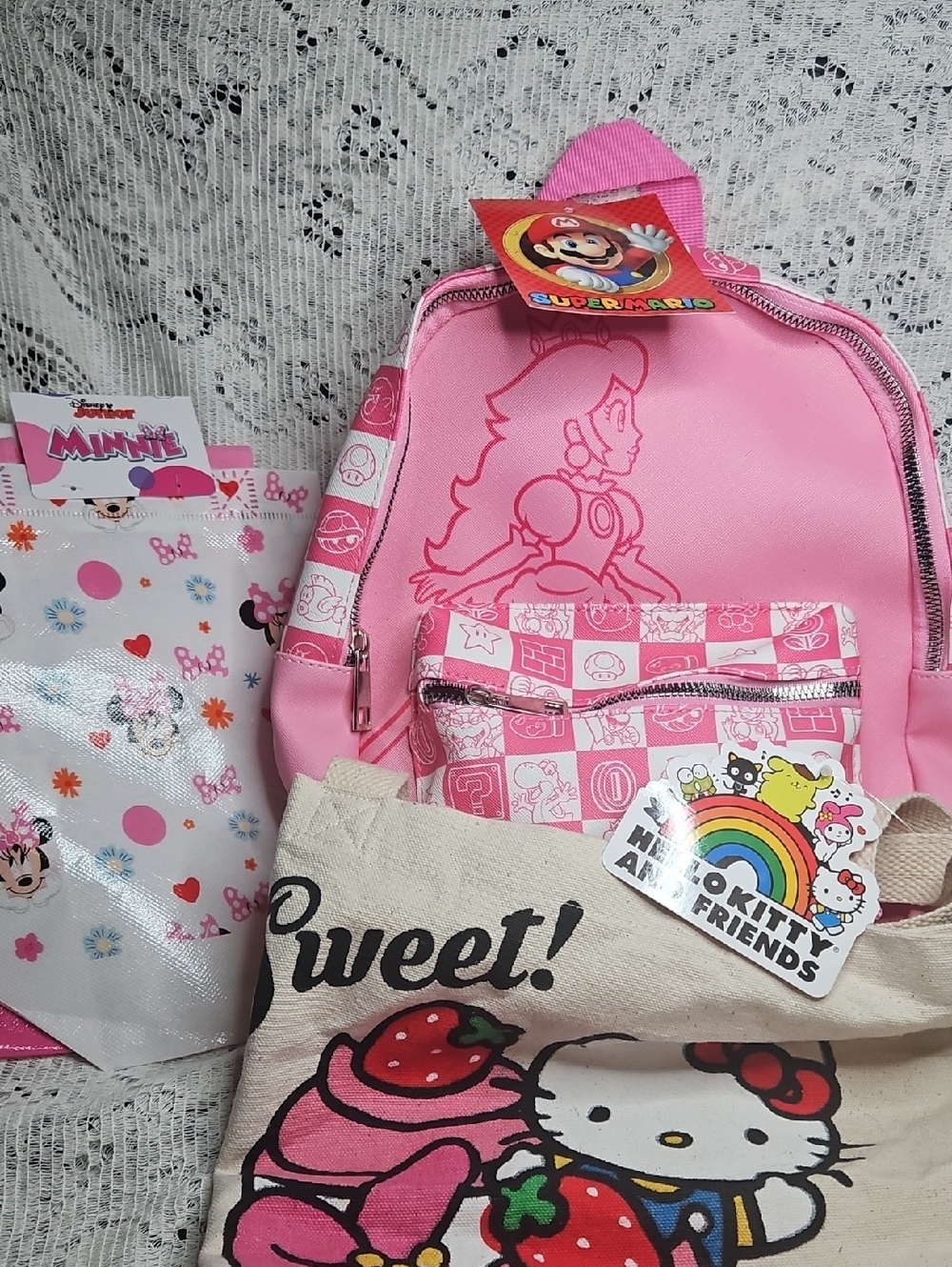 NWT Princess Peach Mini Backpack, Hello Kitty Tote Bag, And 2 Minnie Mouse Bags
